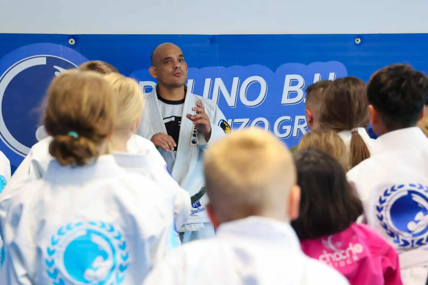 Professor Bruno Tostes Lecturing the students from the Kids Program at Renzo Gracie Latham